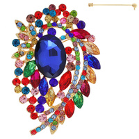 JEWELED CRYSTAL LEAF CLUSTER TEARDROP SHAPED BROOCH PIN