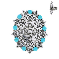 CROSS  - TURQUOISE SEMI STONE OVAL WESTERN DESIGN STRETCH RING IN OXIDIZED SILVER TONE METAL