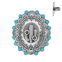 CACTUS - TURQUOISE SEMI STONE OVAL WESTERN DESIGN STRETCH RING IN OXIDIZED SILVER TONE METAL