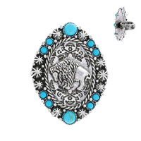BUFFALO - TURQUOISE SEMI STONE OVAL WESTERN DESIGN ROPE TRIM STRETCH RING IN OXIDIZED SILVER TONE METAL