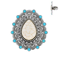 WESTERN TURQUOISE SEMI STONE TEARDROP SCALLOPED CONCHO STRETCH RING IN OXIDIZED SILVER TONE METAL