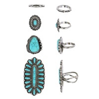 4-PIECE TURQUOISE SEMI STONE ASSORTED CUFF RING SET IN OXIDIZED SILVER TONE METAL