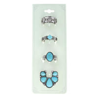 ASSORTED 4-PIECE WESTERN THEMED TURQUOISE SEMI STONE CUFF RING SET IN SILVER TONE OXIDIZED METAL
