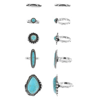5-PIECE SET - VINTAGE WESTERN STYLE TURQUOISE STONE RINGS IN SILVER TONE OXIDIZED METAL