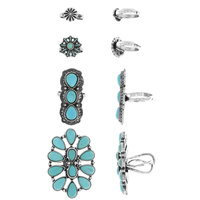 4-PIECE SET - VINTAGE WESTERN STYLE TURQUOISE STONE RINGS IN SILVER TONE OXIDIZED METAL
