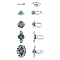 5-PIECE SET - VINTAGE WESTERN STYLE TURQUOISE STONE RINGS IN SILVER TONE OXIDIZED METAL