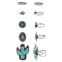5-PIECE SET - VINTAGE WESTERN STYLE TURQUOISE STONE RINGS IN SILVER TONE OXIDIZED METAL