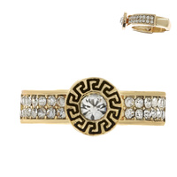 CRYSTAL RHINESTONE SOLITAIRE ENAMEL COATED GREEK KEY PATTERN STRIPED STRETCH RING