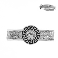 CRYSTAL RHINESTONE SOLITAIRE ENAMEL COATED GREEK KEY PATTERN STRIPED STRETCH RING