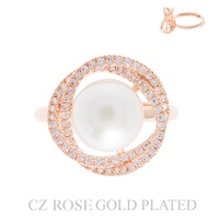 GOLD PLATED CUBIC ZIRCONIA PEARL HALO ADJUSTABLE CUFF RING IN ROSE GOLD AND WHITE GOLD PLATTING