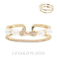 GOLD PLATED CZ PEARL DOUBLE BAND CUFF RING