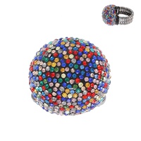 CRYSTAL RHINESTONE PAVE DISCO BALL STRETCH RING IN GOLD, BLACK AND SILVER AND ROSE TONE METAL