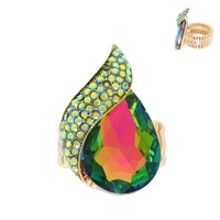 CRYSTAL GEMSTONE PAVE TEARDROP STRETCH RING IN YELLOW GOLD, ROSE GOLD, SILVER AND BLACK TONE METAL