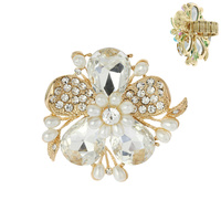LARGE GEMSTONE FLOWER WITH RHINESTONE AND PEARL STRETCH RING