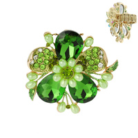 LARGE GEMSTONE FLOWER WITH RHINESTONE AND PEARL STRETCH RING