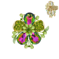 LARGE GEMSTONE FLOWER WITH RHINESTONE AND PEARL STRETCH RING