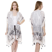 LONG ABSTRACT PRINT COVER UP KIMONO W/ TASSELS