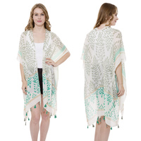 LONG ABSTRACT PRINT COVER UP KIMONO W/ TASSELS