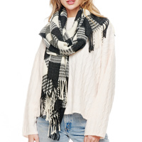 PLAID PATTERN TWO TONE CONTRAST LONG WINTER FRINGE SCARF WRAP
