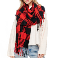 PLAID PATTERN TWO TONE CONTRAST LONG WINTER FRINGE SCARF WRAP