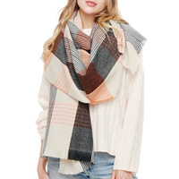 PLAID PATTERN SOFT WARM LONG WINTER FRINGE POLYESTER SCARF WRAP