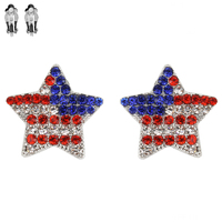 Patriotic American Flag Stone Encrusted Star Metal Clip Earrings Sfce5R