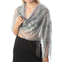 SEQUINED LACE FLORAL TRANSLUCENT FRINGE WOMEN'S EVENING SHAWL COVER UP