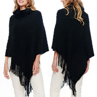 BOHO CHIC SLOUCHY FUR TURTLENECK WAFFLE KNIT STRIPED FRINGE PONCHO