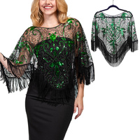 VINTAGE SEQUIN EMBROIDERED FRINGE WRAP CAPE SHAWL