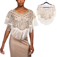 VINTAGE SEQUIN EMBROIDERED FRINGE WRAP CAPE SHAWL