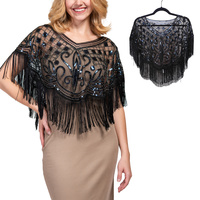 VINTAGE SEQUIN EMBROIDERED FRINGE WRAP CAPE SHAWL