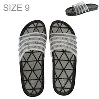 BLACK WOMEN'S CRYSTAL RHINESTONE STUDDED TRANSPARENT GLITTER JELLY FLAT SLIP-ON STRIPED SLIDES