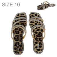 LEOPARD PRINT WOMEN'S CRYSTAL RHINESTONE FLAT STRAPPY SANDALS