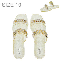 GOLD WOMEN'S CRYSTAL RHINESTONE STUDDED CUBAN CHAIN LINK TRANSPARENT FLAT JELLY GLITTER STRAPPY SANDALS