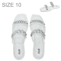 SILVER WOMEN'S CRYSTAL RHINESTONE STUDDED CUBAN CHAIN LINK TRANSPARENT FLAT JELLY GLITTER STRAPPY SANDALS
