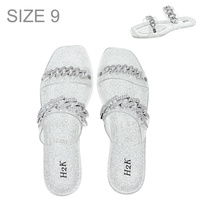 SILVER WOMEN'S CRYSTAL RHINESTONE STUDDED CUBAN CHAIN LINK TRANSPARENT FLAT JELLY GLITTER STRAPPY SANDALS
