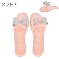 ROSE WOMEN'S CRYSTAL RHINESTONE STUDDED BOW FLAT TRANSPARENT JELLY SLIP-ON SANDALS