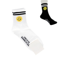 SMILE IS THE BEGINNING OF LOVE  ADULT SIZE WOMEN'S SMILEY FACE DOUBLE STRIPED COTTON KNIT NOVELTY SOCKS