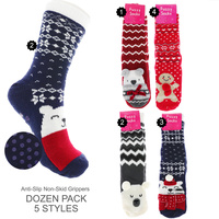 ADULT SIZE FAIR ISLE PATTERN 12 PACK 5 STYLES ASSORTED STOCKING STUFFER WINTER CHRISTMAS THEMED ANTI-SLIP NON SKID GRIPPER COTTO