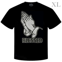 PRAYING HANDS "BLESSED" CRYSTAL RHINESTONE STUDDED CREW NECKLINE SHORT SLEEVE GRAPHIC T-SHIRT IN BLACK