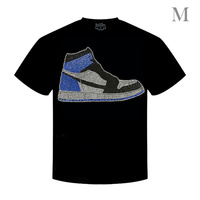 RETRO BLUE BLACK HIGH TOP BASKETBALL SNEAKERS CRYSTAL RHINESTONE STUDDED GRAPHIC CREW NECKLINE SHORT SLEEVE T-SHIRT IN BLACK