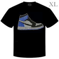 RETRO BLUE BLACK HIGH TOP BASKETBALL SNEAKERS CRYSTAL RHINESTONE STUDDED GRAPHIC CREW NECKLINE SHORT SLEEVE T-SHIRT IN BLACK