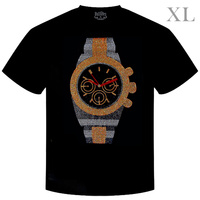 MEN'S WATCH CRYSTAL RHINESTONE STUDDED CREW NECKLINE SHORT SLEEVE GRAPHIC T-SHIRT IN BLACK