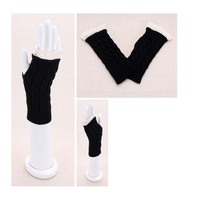 Long Cable Knit Fingerless Gloves With Lace Trim Wg20Bk