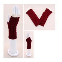 Long Cable Knit Fingerless Gloves With Lace Trim Wg20By