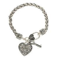 FILIGREE HEART AND KEY CHARM CHAIN BRACELET