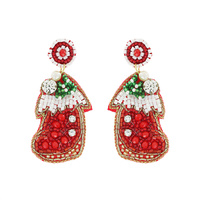 CHRISTMAS STOCKING SEED BEAD HANDMADE MULTI BEAD JEWELED EMBROIDERY DANGLE AND DROP EARRINGS