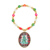 CHRISTMAS TREE - VINTAGE CHRISTMAS BEADED SCALLOPED FRAMED TARTAN PRINT RESIN CHARM STRETCH BRACELET