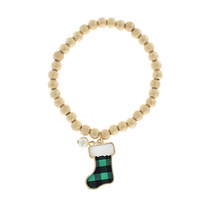 STOCKING STUFFER METALLIC BEADED PLAID / LEOPARD PRINTED CHRISTMAS STOCKING CHARM BRACELET WITH PEARL ACCENT IN GOLD TONE METAL