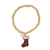 STOCKING STUFFER METALLIC BEADED PLAID / LEOPARD PRINTED CHRISTMAS STOCKING CHARM BRACELET WITH PEARL ACCENT IN GOLD TONE METAL